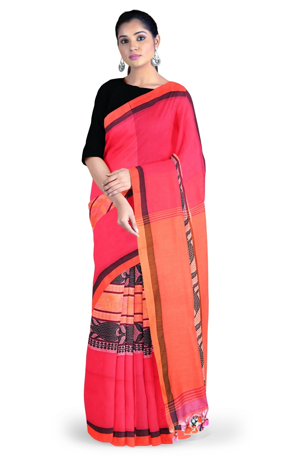 Pink Orange Pure Cotton Marine Hand Loom Saree (1278)